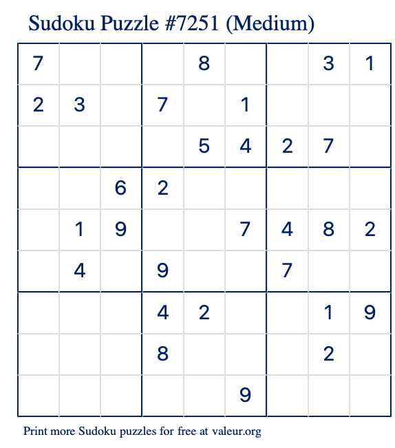 Free Printable Medium Sudoku Puzzle number 7251