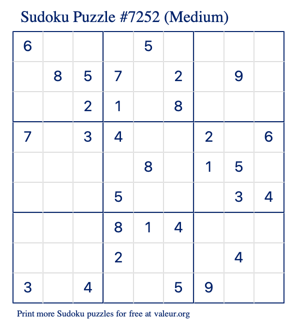 Free Printable Medium Sudoku Puzzle number 7252