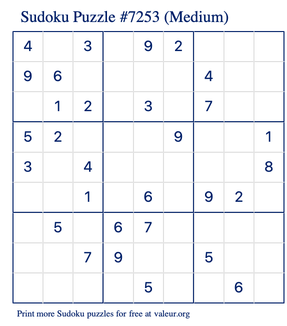 Free Printable Medium Sudoku Puzzle number 7253