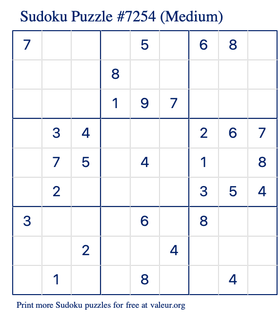 Free Printable Medium Sudoku Puzzle number 7254