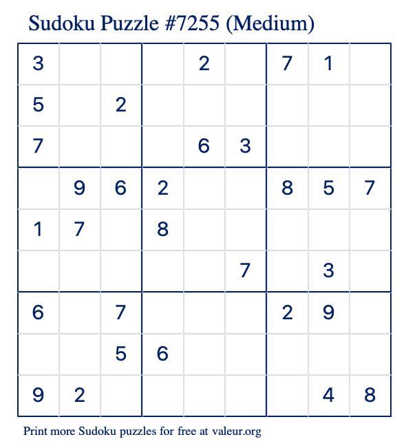 Free Printable Medium Sudoku Puzzle number 7255