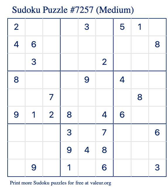 Free Printable Medium Sudoku Puzzle number 7257