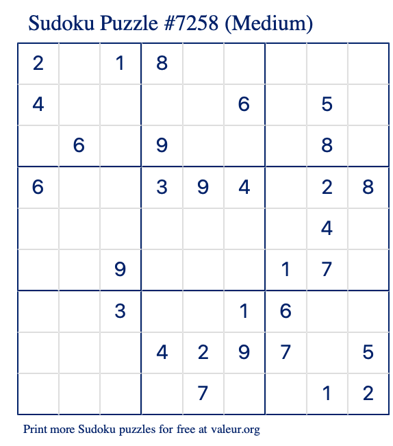 Free Printable Medium Sudoku Puzzle number 7258