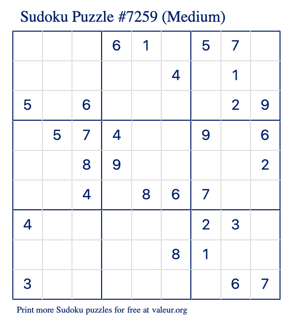 Free Printable Medium Sudoku Puzzle number 7259