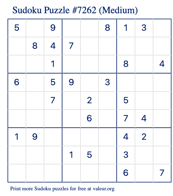 Free Printable Medium Sudoku Puzzle number 7262
