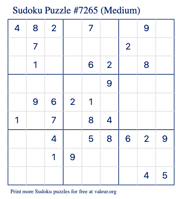 Free Printable Medium Sudoku Puzzle number 7265