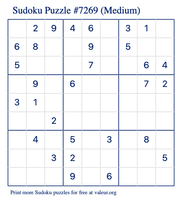 Free Printable Medium Sudoku Puzzle number 7269
