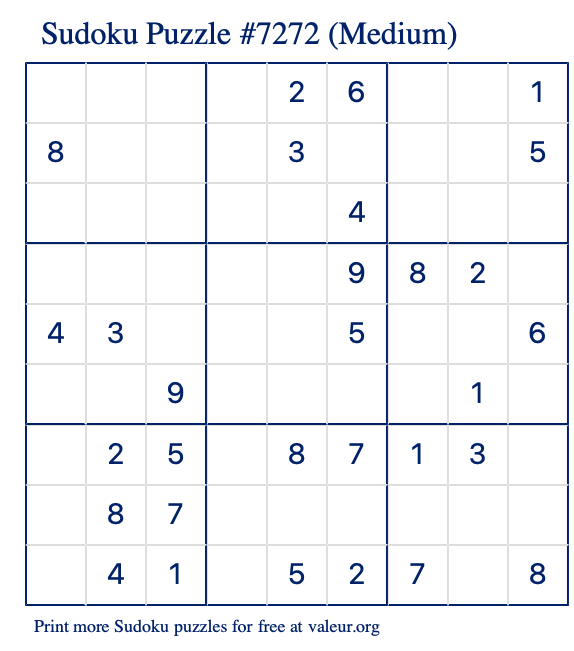 Free Printable Medium Sudoku Puzzle number 7272