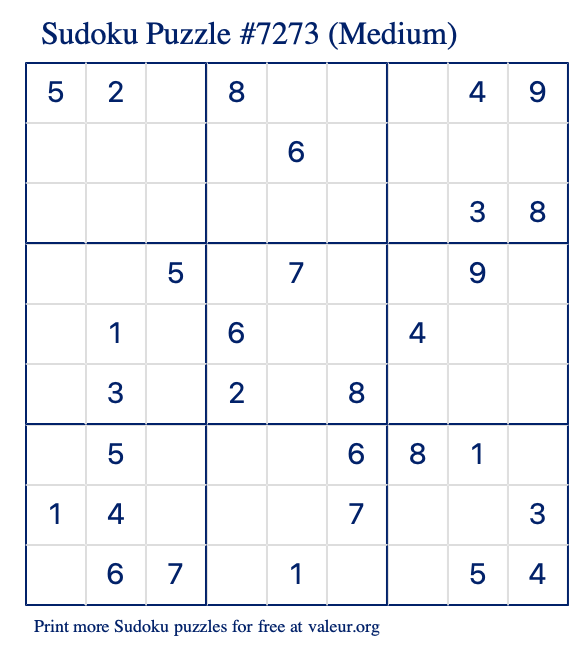 Free Printable Medium Sudoku Puzzle number 7273