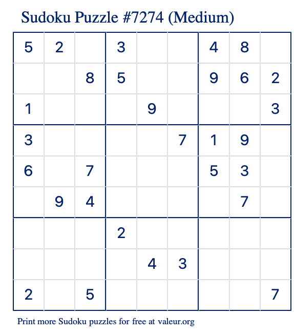 Free Printable Medium Sudoku Puzzle number 7274