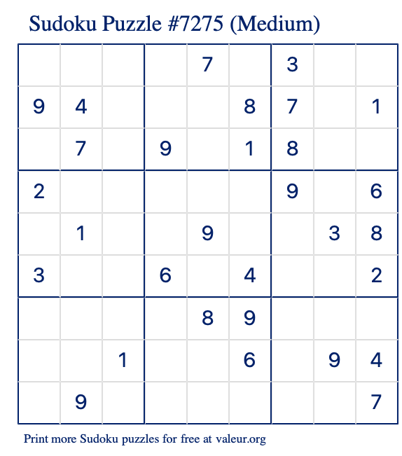 Free Printable Medium Sudoku Puzzle number 7275