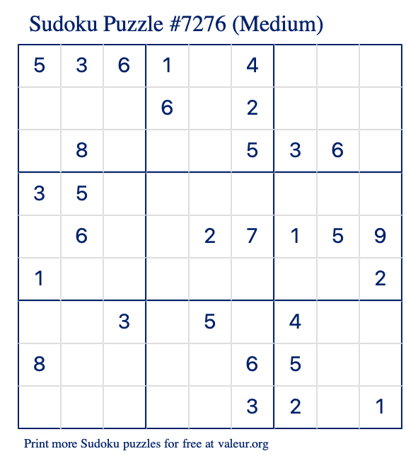 Free Printable Medium Sudoku Puzzle number 7276