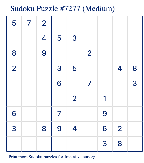 Free Printable Medium Sudoku Puzzle number 7277