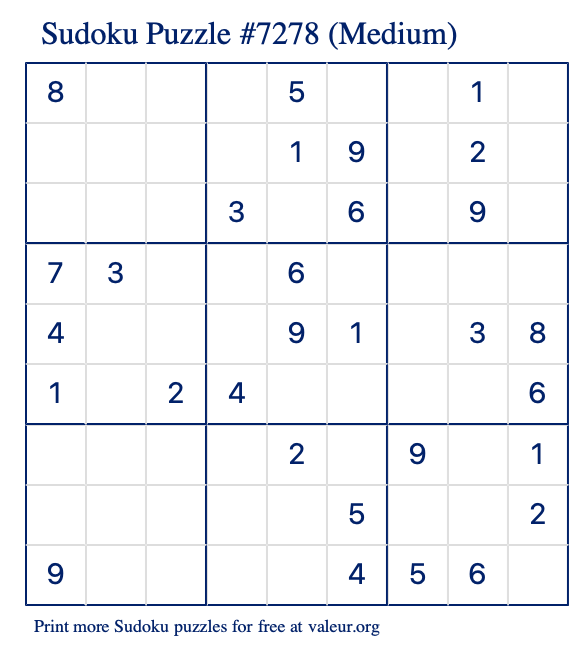 Free Printable Medium Sudoku Puzzle number 7278
