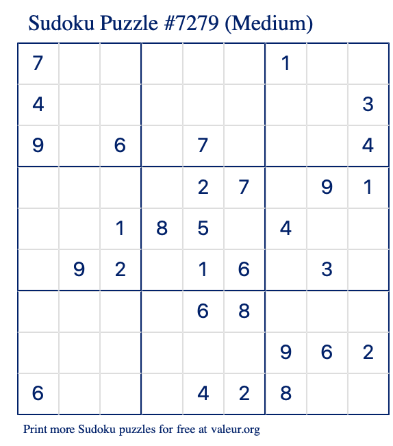 Free Printable Medium Sudoku Puzzle number 7279