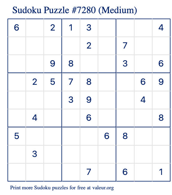 Free Printable Medium Sudoku Puzzle number 7280