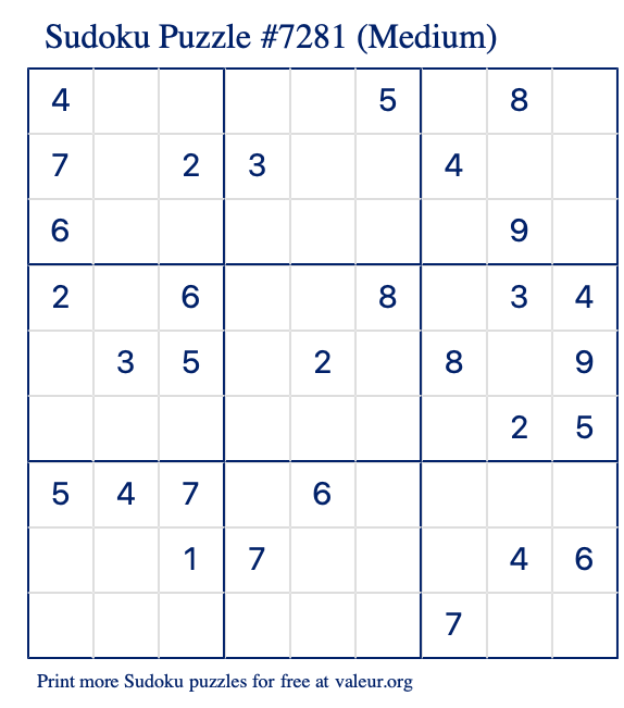 Free Printable Medium Sudoku Puzzle number 7281