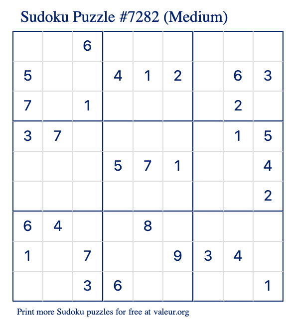Free Printable Medium Sudoku Puzzle number 7282