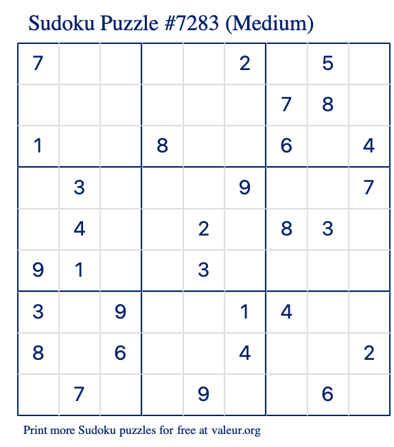 Free Printable Medium Sudoku Puzzle number 7283