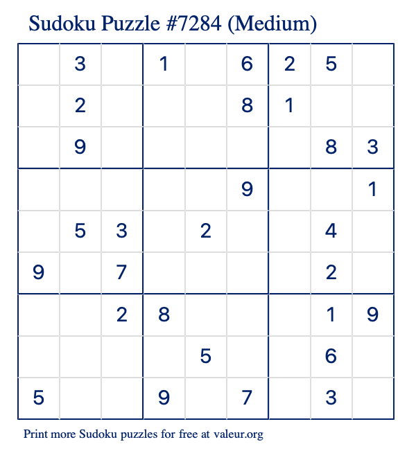 Free Printable Medium Sudoku Puzzle number 7284