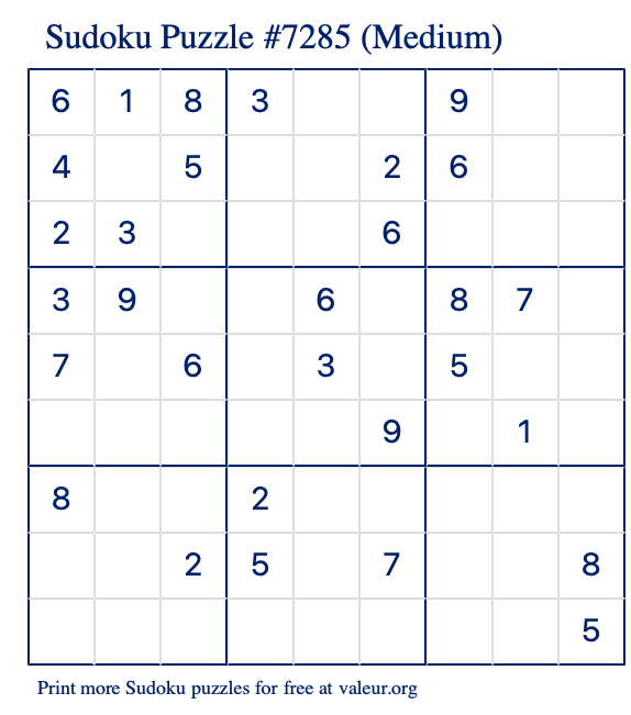 Free Printable Medium Sudoku Puzzle number 7285