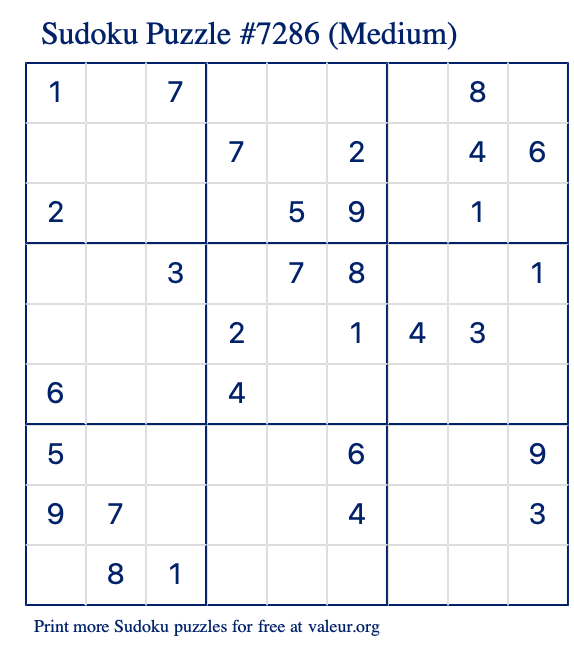 Free Printable Medium Sudoku Puzzle number 7286