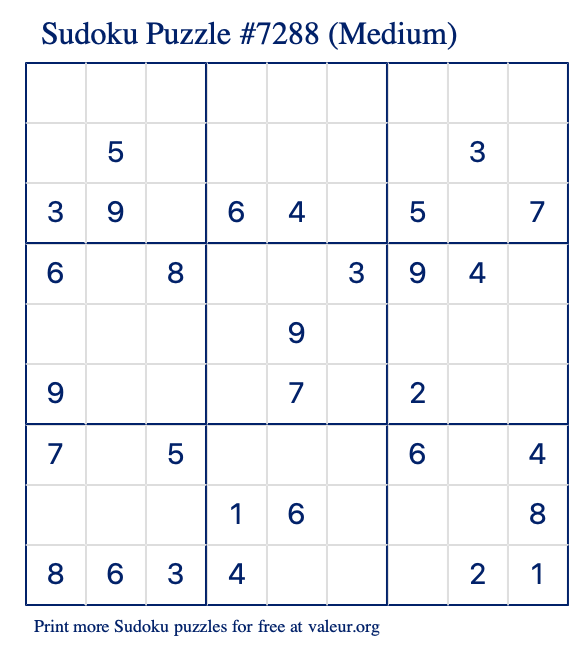 Free Printable Medium Sudoku Puzzle number 7288