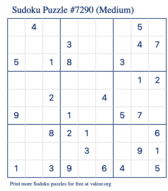 Free Printable Medium Sudoku Puzzle number 7290