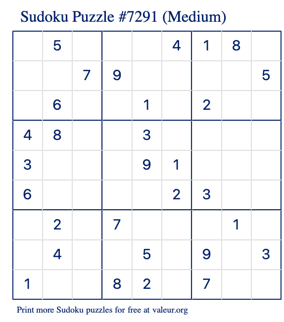 Free Printable Medium Sudoku Puzzle number 7291
