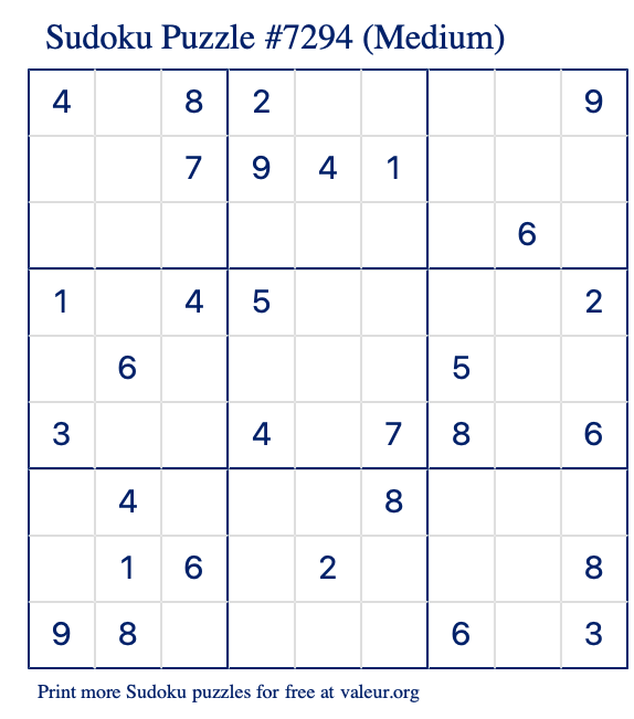 Free Printable Medium Sudoku Puzzle number 7294