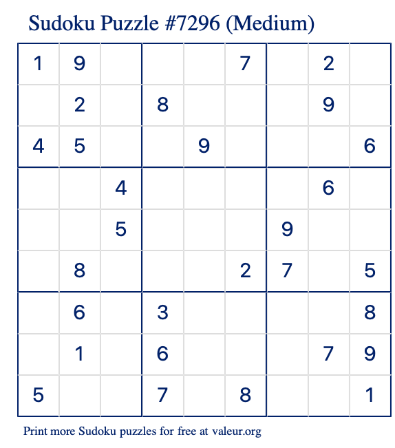 Free Printable Medium Sudoku Puzzle number 7296