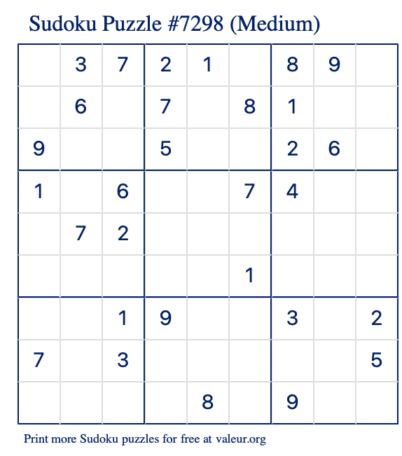 Free Printable Medium Sudoku Puzzle number 7298