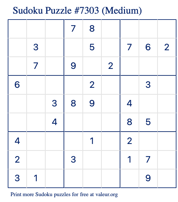 Free Printable Medium Sudoku Puzzle number 7303