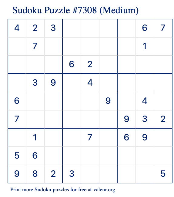 Free Printable Medium Sudoku Puzzle number 7308