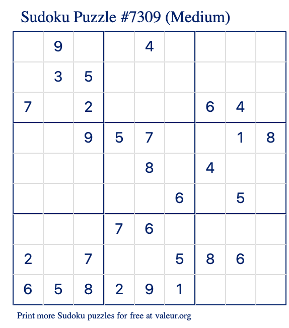 Free Printable Medium Sudoku Puzzle number 7309