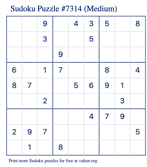 Free Printable Medium Sudoku Puzzle number 7314