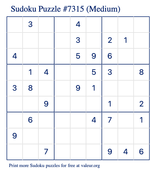 Free Printable Medium Sudoku Puzzle number 7315