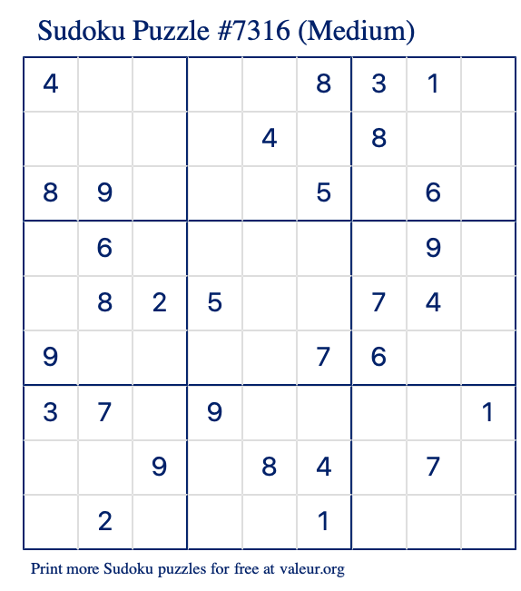 Free Printable Medium Sudoku Puzzle number 7316