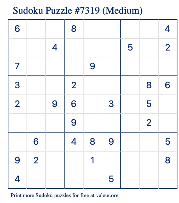 Free Printable Medium Sudoku Puzzle number 7319