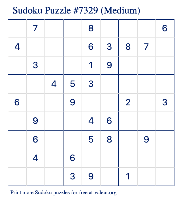 Free Printable Medium Sudoku Puzzle number 7329