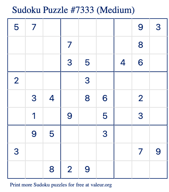 Free Printable Medium Sudoku Puzzle number 7333