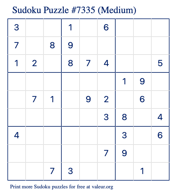 Free Printable Medium Sudoku Puzzle number 7335