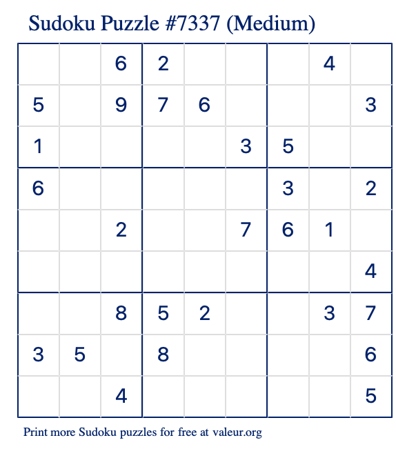 Free Printable Medium Sudoku Puzzle number 7337