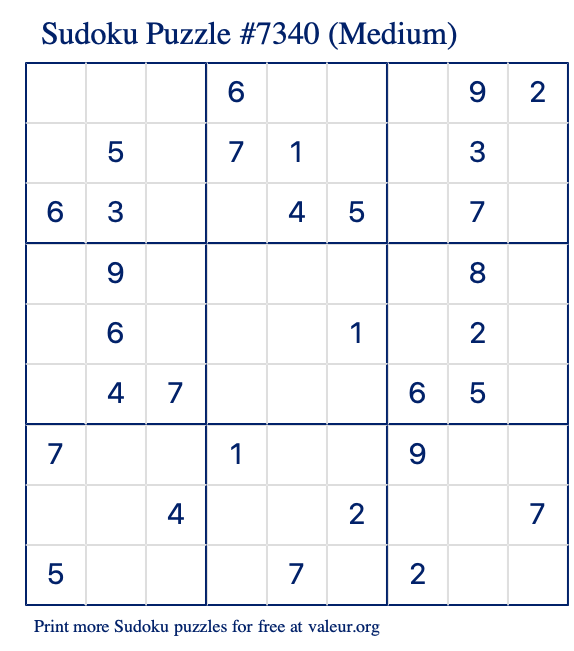Free Printable Medium Sudoku Puzzle number 7340