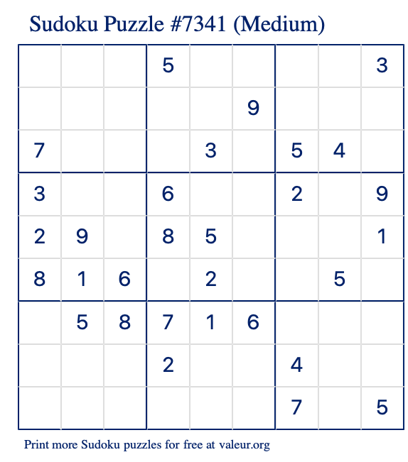 Free Printable Medium Sudoku Puzzle number 7341
