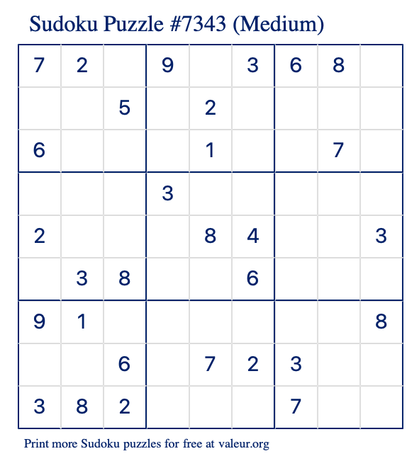 Free Printable Medium Sudoku Puzzle number 7343
