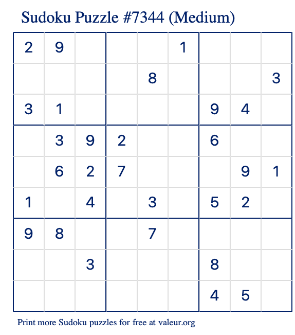 Free Printable Medium Sudoku Puzzle number 7344
