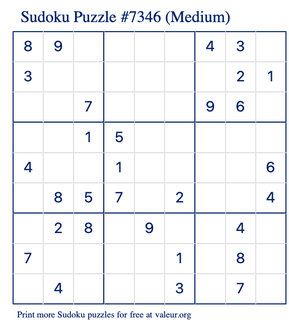 Free Printable Medium Sudoku Puzzle number 7346