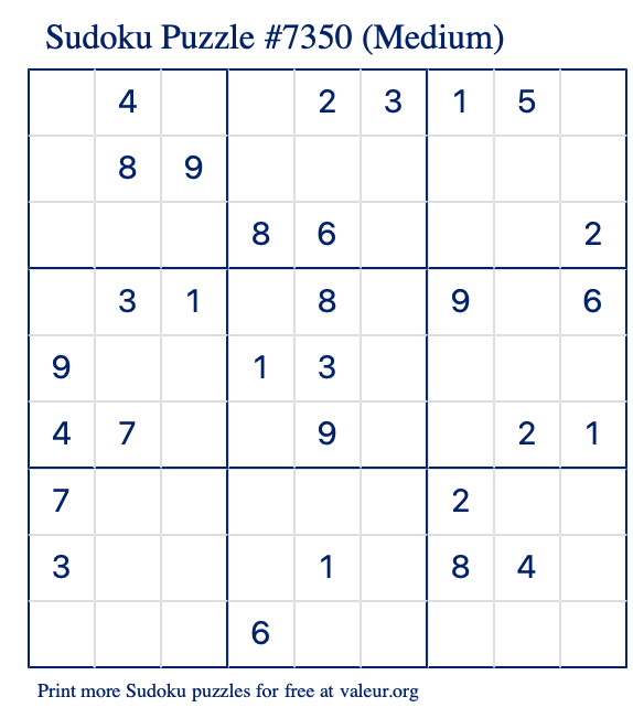 Free Printable Medium Sudoku Puzzle number 7350