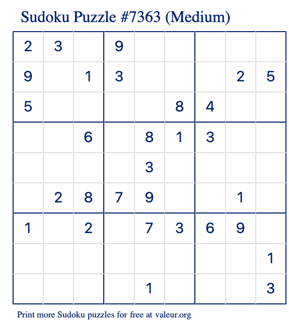 Free Printable Medium Sudoku Puzzle number 7363